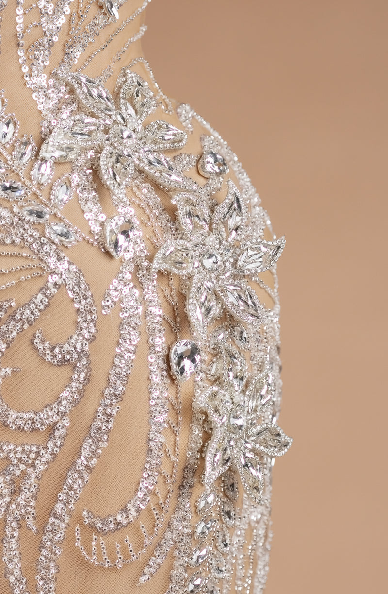 Sihëna Ivory Zephyr Arabesque — ivory asymmetric sleeveless column evening dress