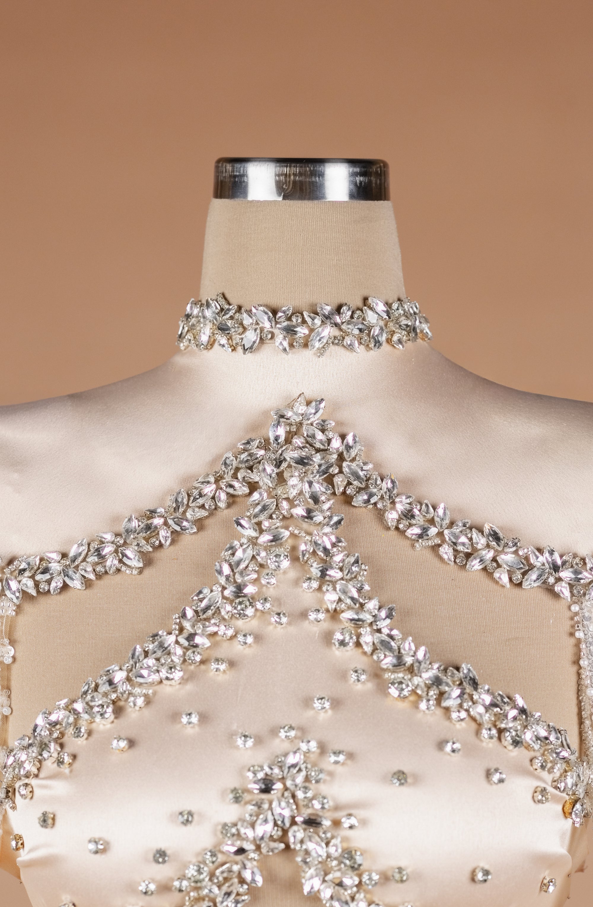 Sihëna Crystal Petal Tapestry — silver high-neck off-shoulder column evening dress