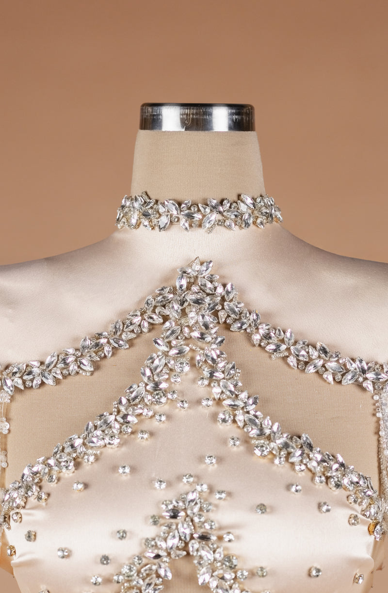 Sihëna Crystal Petal Tapestry — silver high-neck off-shoulder column evening dress