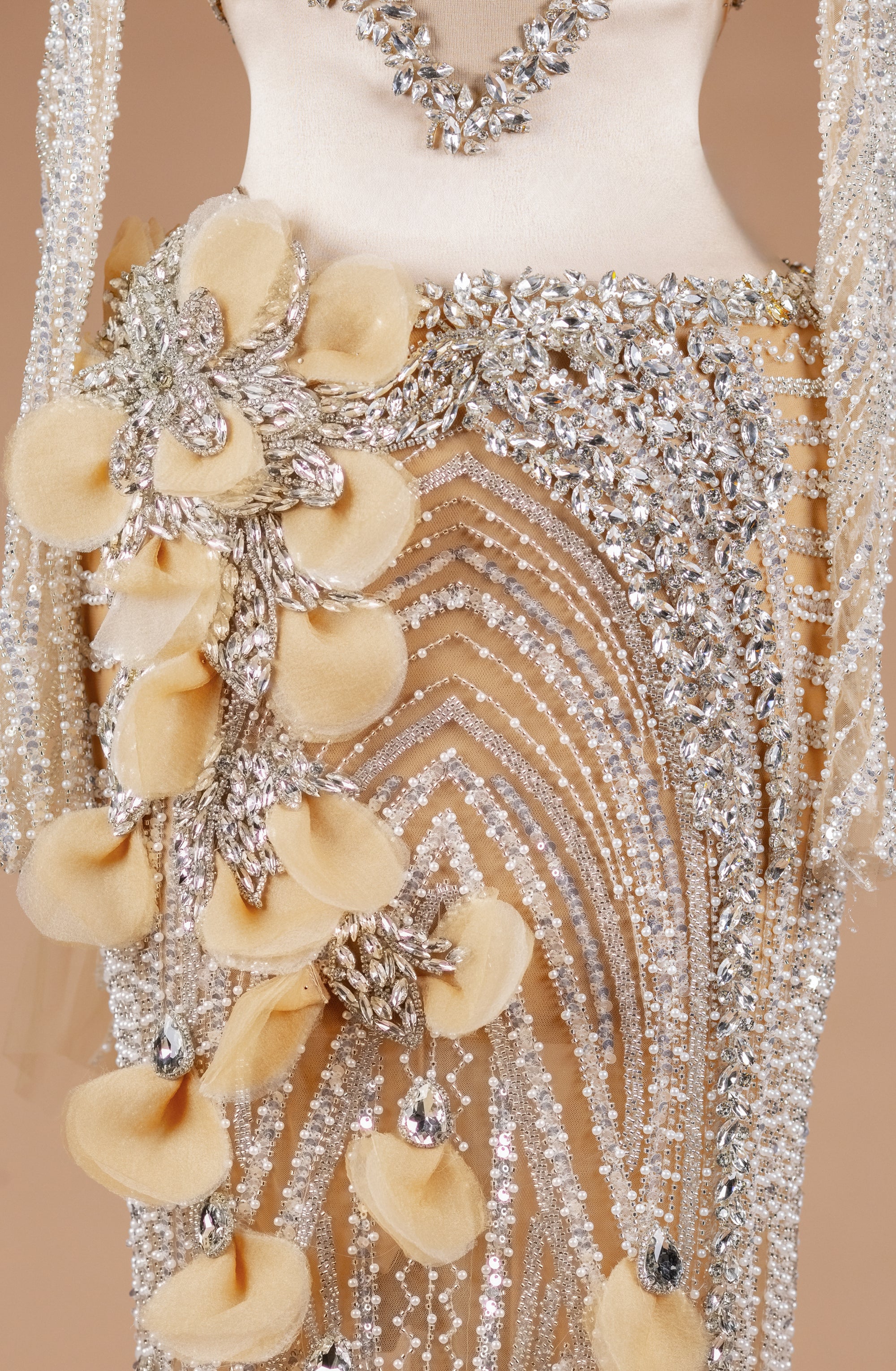 Sihëna Crystal Petal Tapestry — silver high-neck off-shoulder column evening dress