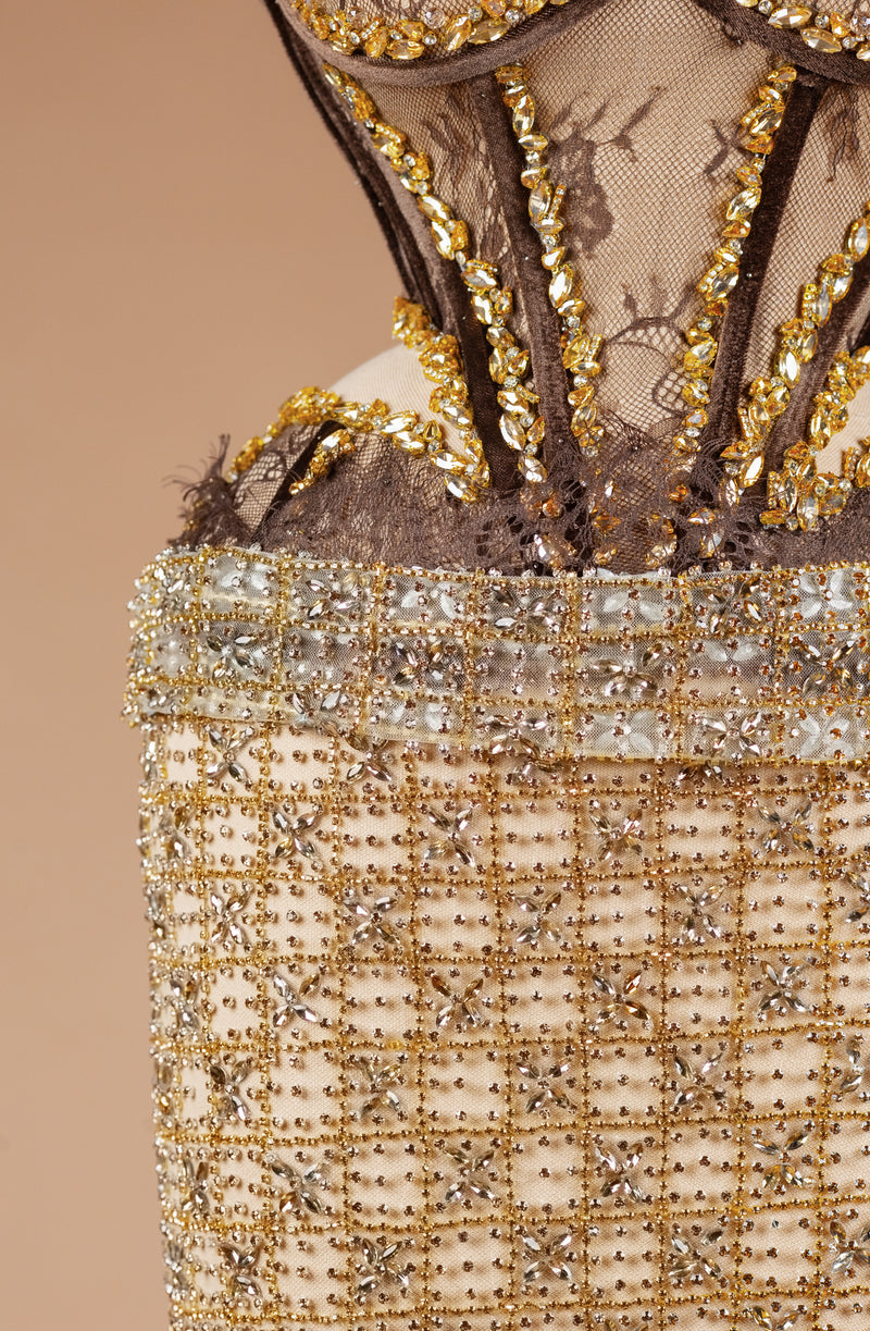 Sihëna Antique Ember Lattice — chocolate sweetheart sleeveless column evening dress