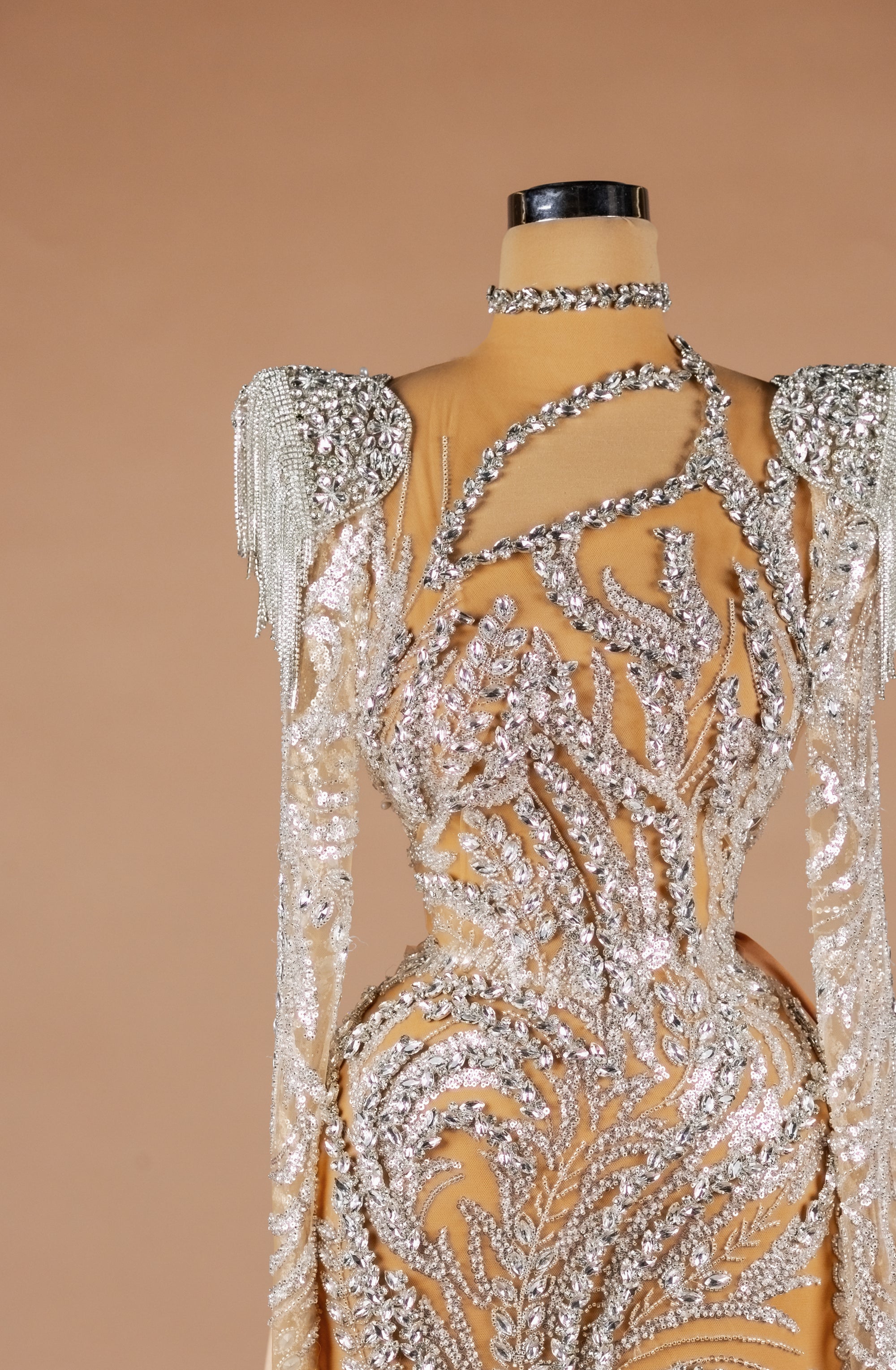Sihëna Regal Frost Flourish — champagne high-neck long-sleeve column evening dress