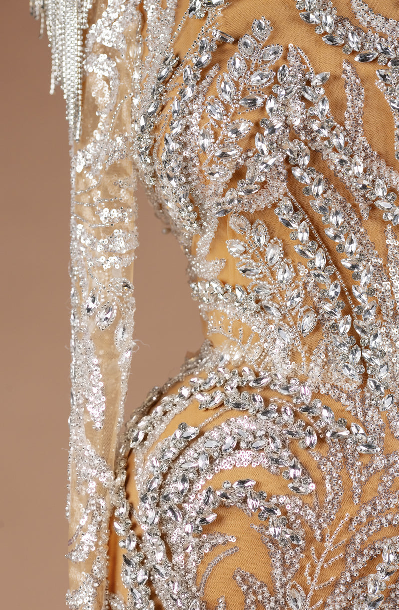 Sihëna Regal Frost Flourish — champagne high-neck long-sleeve column evening dress