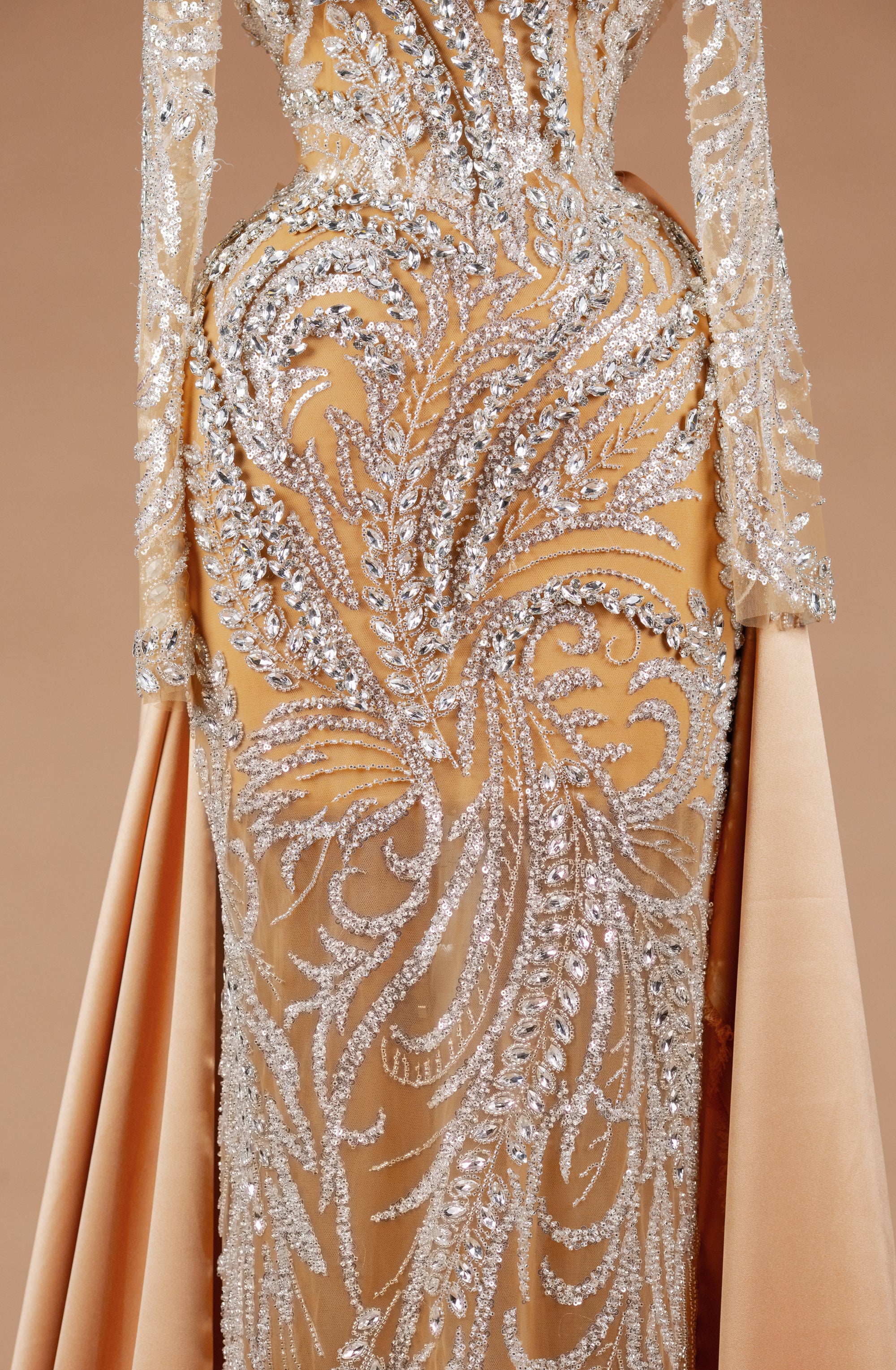 Sihëna Regal Frost Flourish — champagne high-neck long-sleeve column evening dress