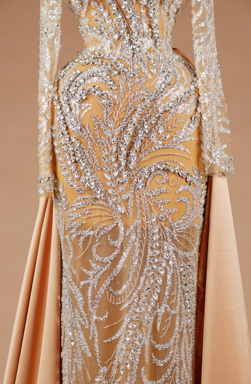 Sihëna Regal Frost Flourish — champagne high-neck long-sleeve column evening dress