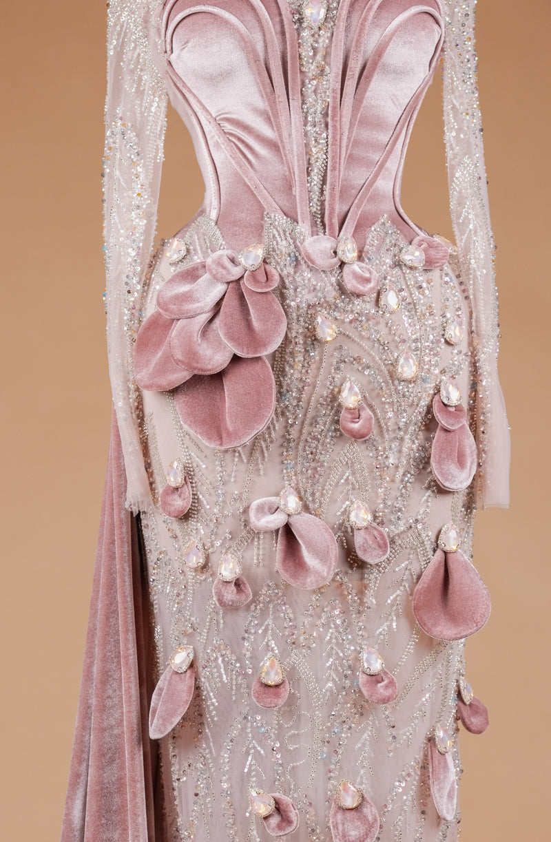 Sihëna Blush Petal Symphony — blush high-neck long-sleeve column evening dress