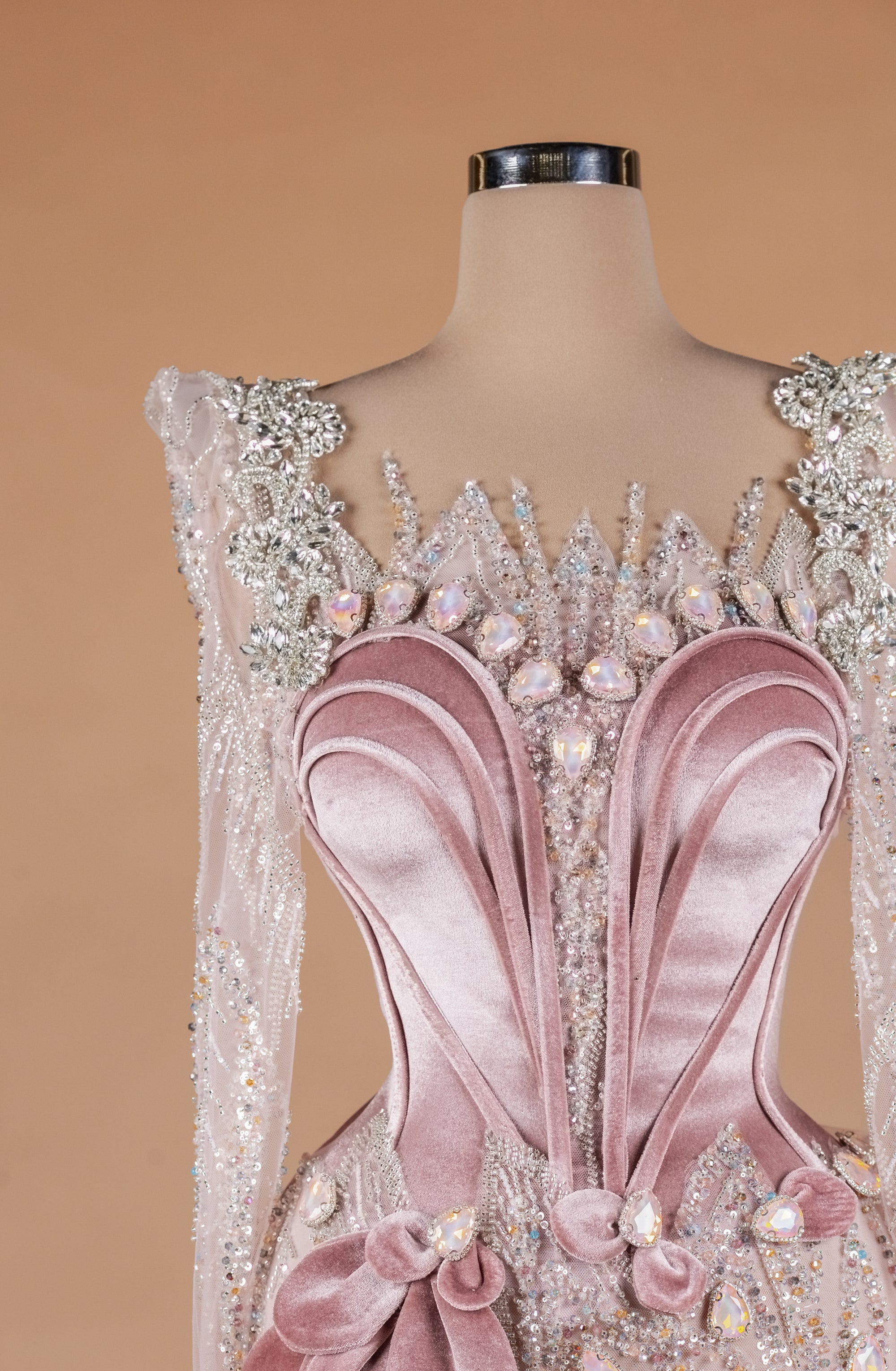 Sihëna Blush Petal Symphony — blush high-neck long-sleeve column evening dress