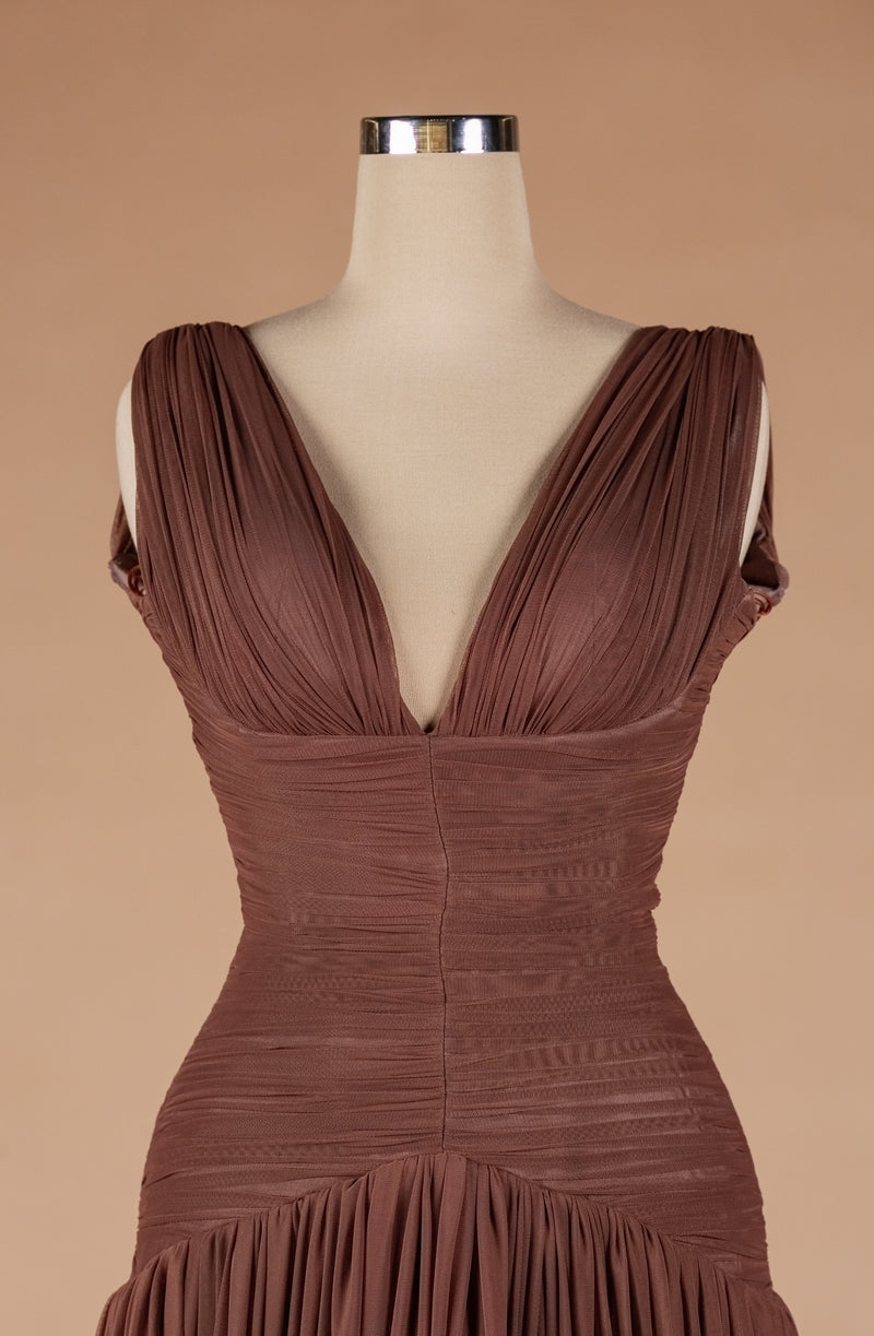 Sihëna Cocoa Drape Serenity — chocolate v-neck sleeveless a-line evening dress