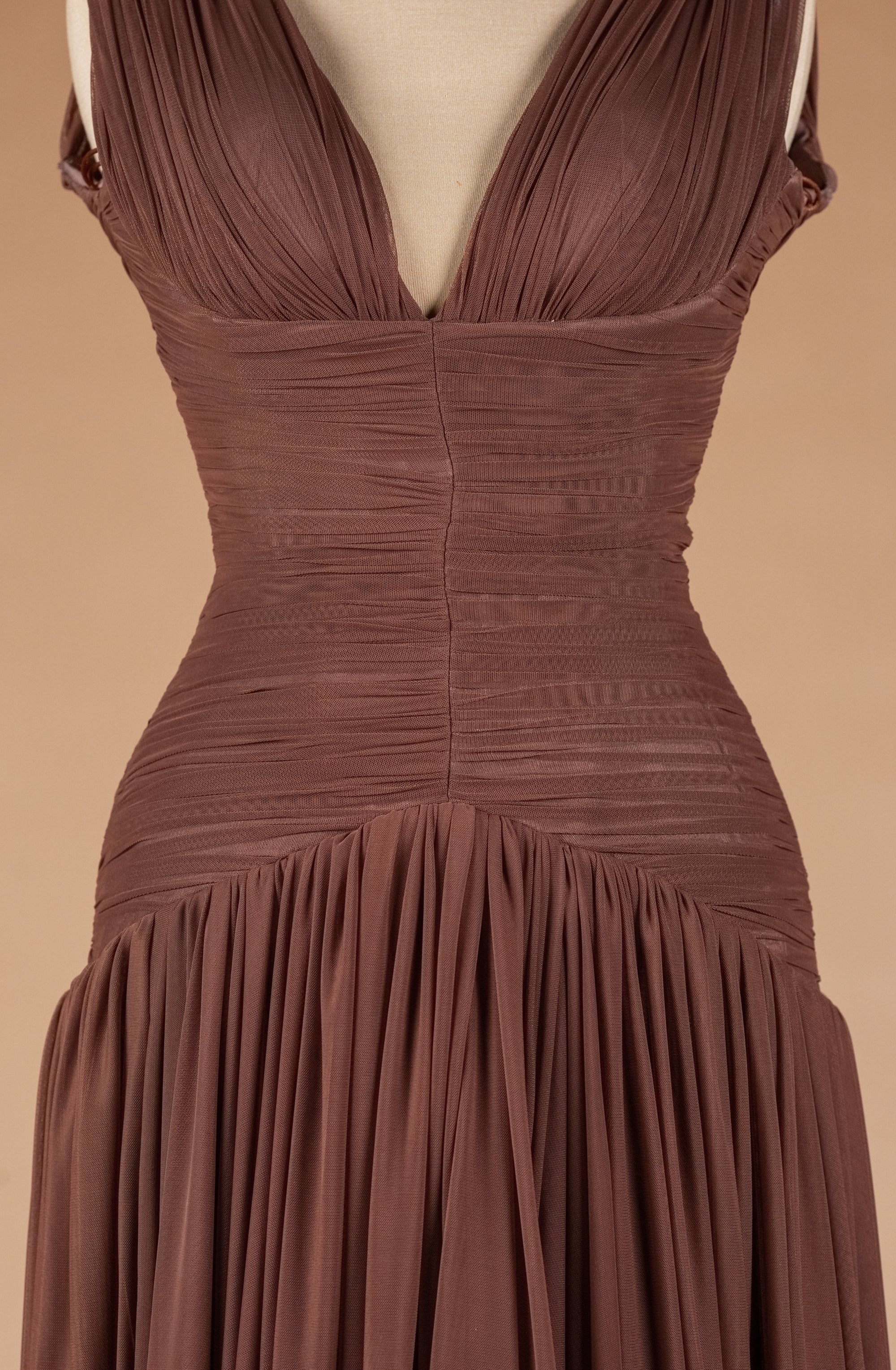 Sihëna Cocoa Drape Serenity — chocolate v-neck sleeveless a-line evening dress