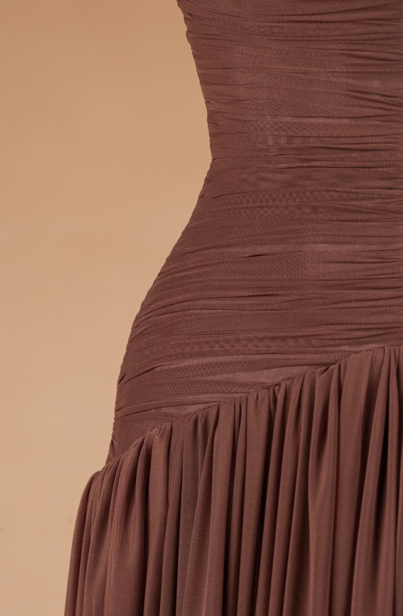 Sihëna Cocoa Drape Serenity — chocolate v-neck sleeveless a-line evening dress