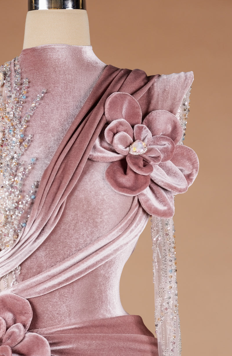 Sihëna Rose Velvet Garland — dusty-rose high-neck long-sleeve column evening dress