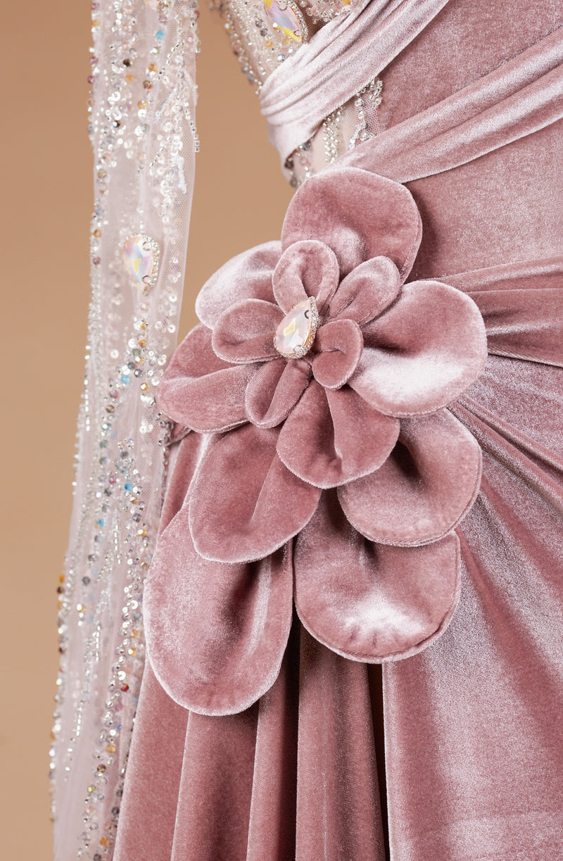Sihëna Rose Velvet Garland — dusty-rose high-neck long-sleeve column evening dress