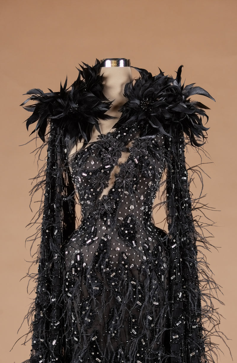 Sihëna Gilded Mocha Mosaic — black v-neck cape-sleeve mermaid evening dress