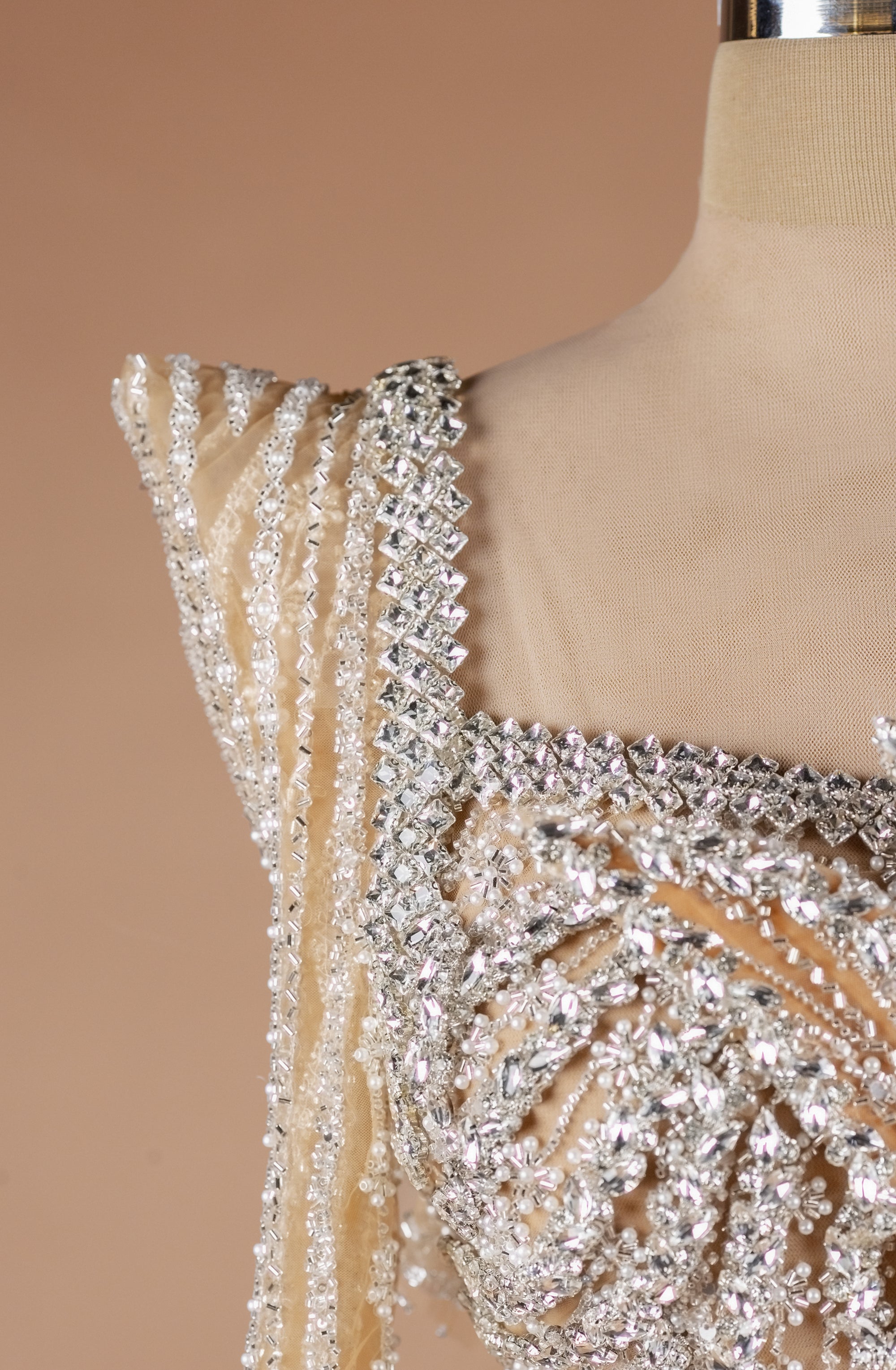 Sihëna Regal Frosted Arabesque — champagne square long-sleeve column evening dress