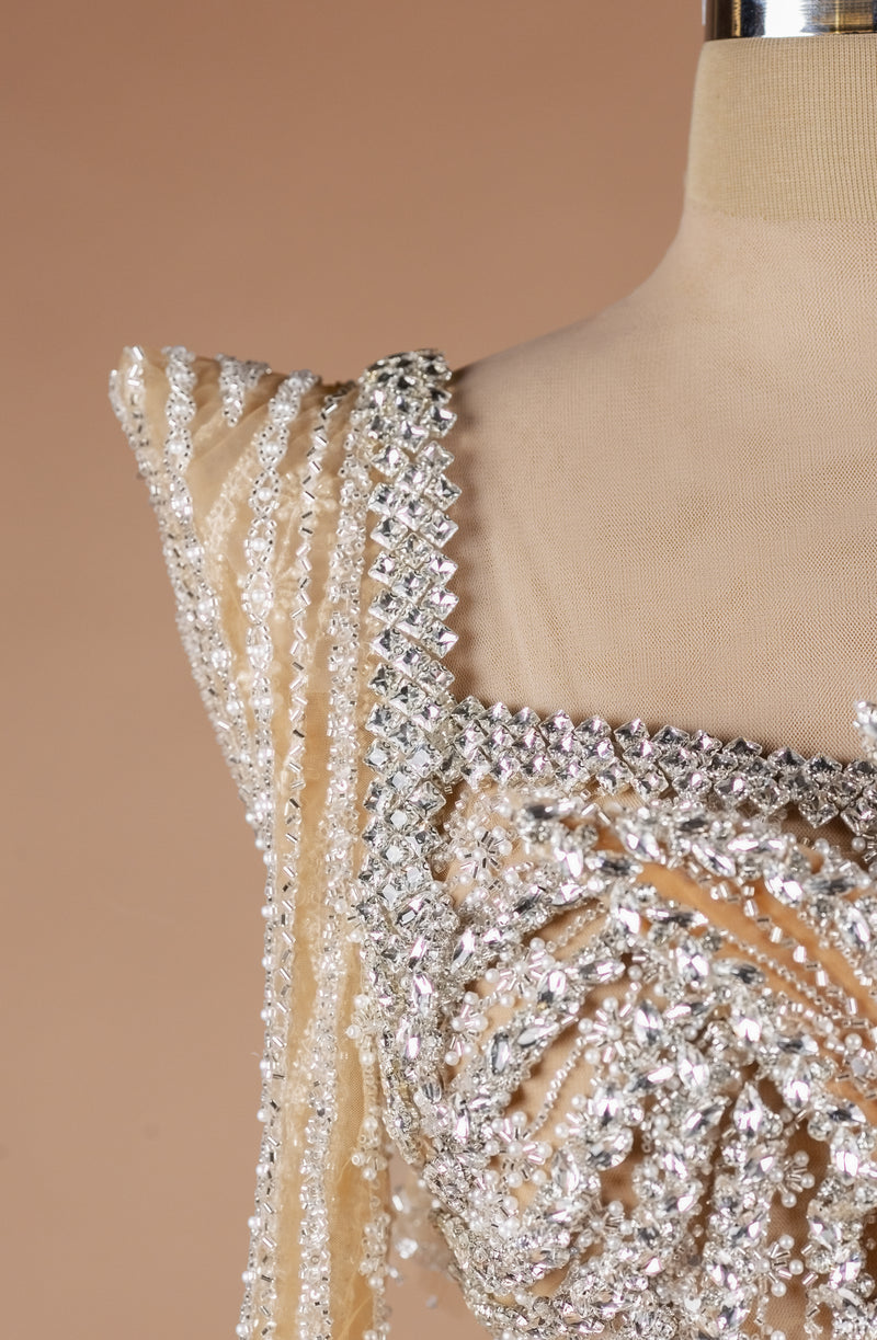 Sihëna Regal Frosted Arabesque — champagne square long-sleeve column evening dress