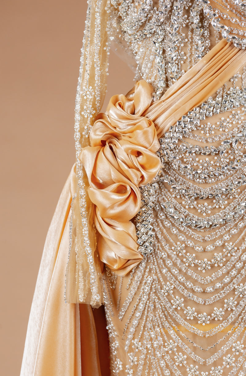 Sihëna Regal Frosted Arabesque — champagne square long-sleeve column evening dress
