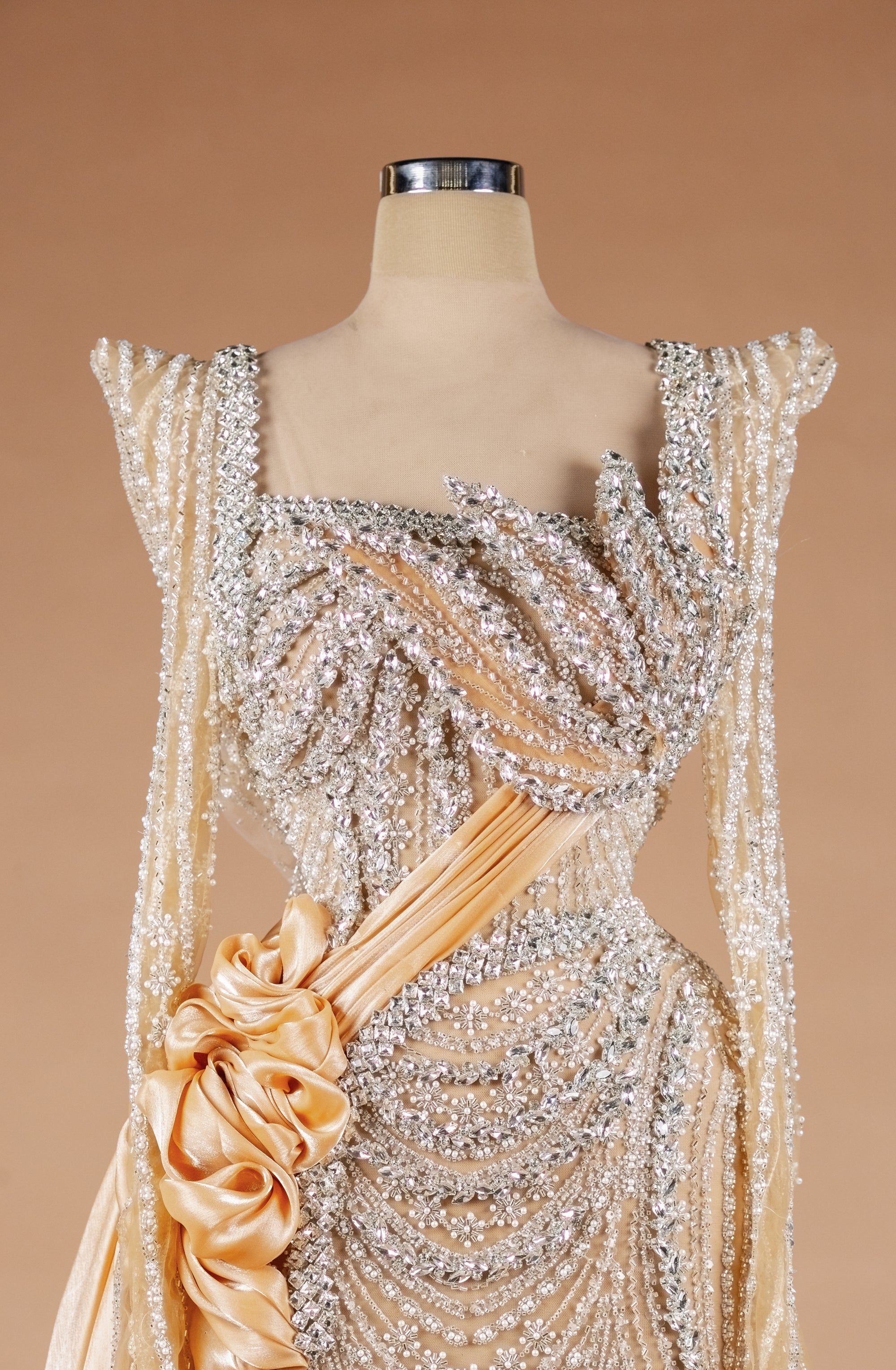 Sihëna Regal Frosted Arabesque — champagne square long-sleeve column evening dress