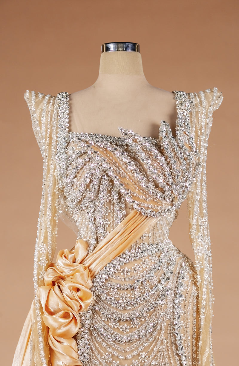Sihëna Regal Frosted Arabesque — champagne square long-sleeve column evening dress