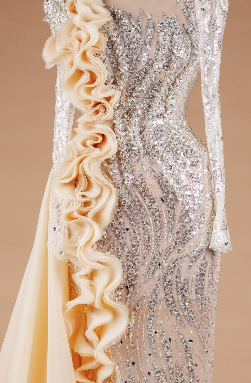 Sihëna Emerald Relic Couture — champagne high-neck long-sleeve column evening dress