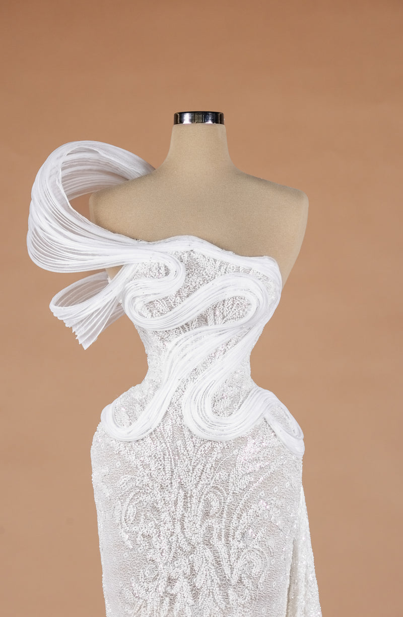 Sihëna Cocoa Serenity Column — ivory asymmetric sleeveless column evening dress