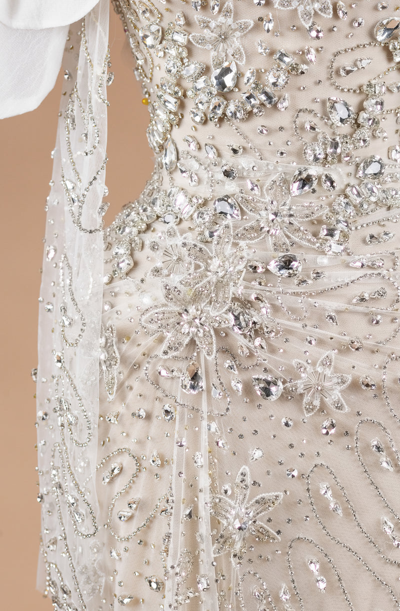 Sihëna Nocturne Veil Drapery — ivory sweetheart off-shoulder column evening dress