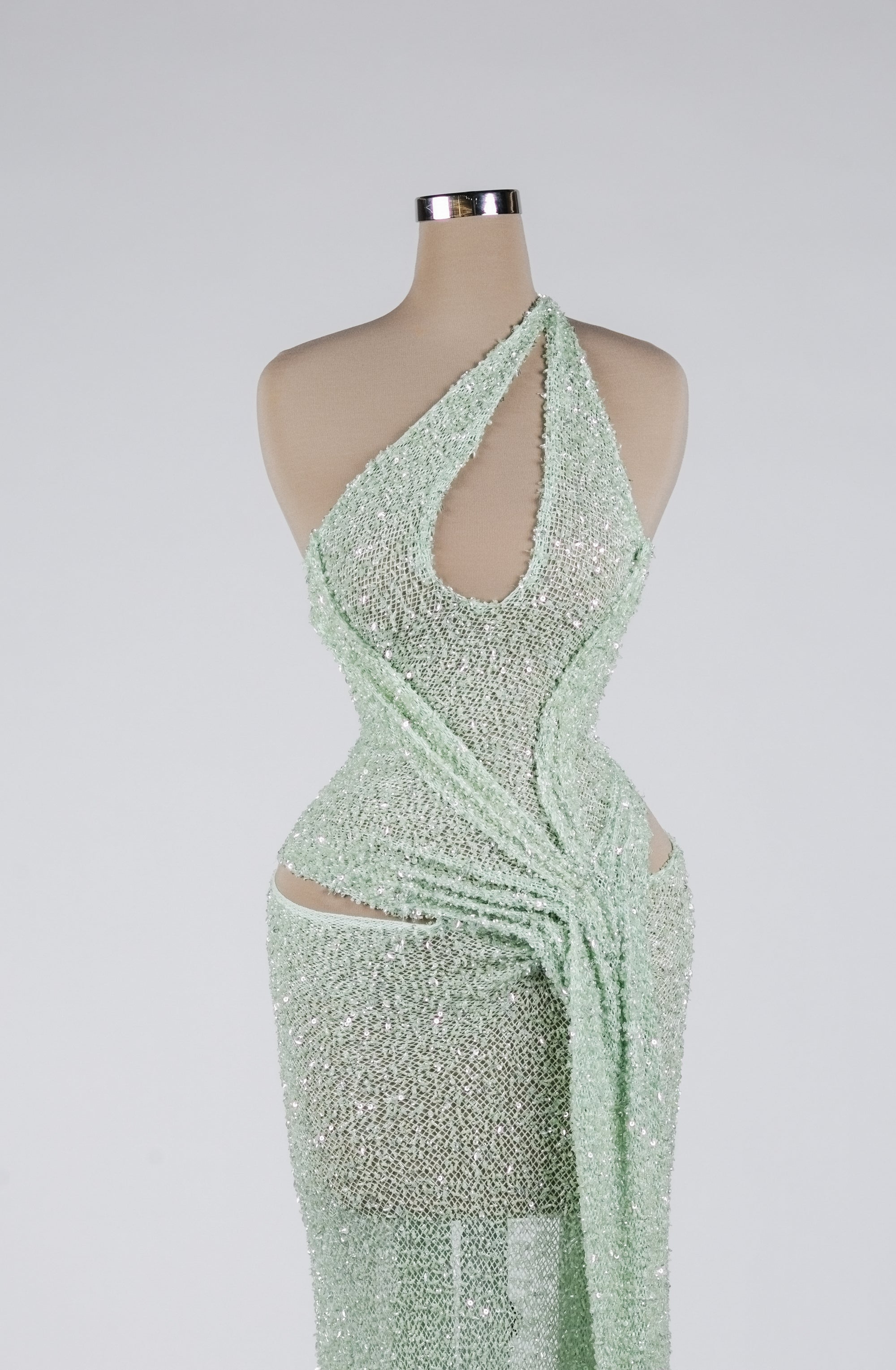 Sihëna Mint Mirage Ripple — mint one-shoulder sleeveless column evening dress