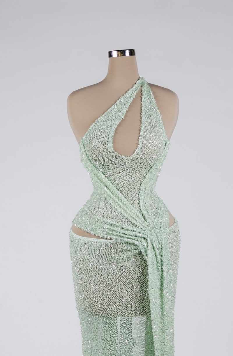 Sihëna Mint Mirage Ripple — mint one-shoulder sleeveless column evening dress