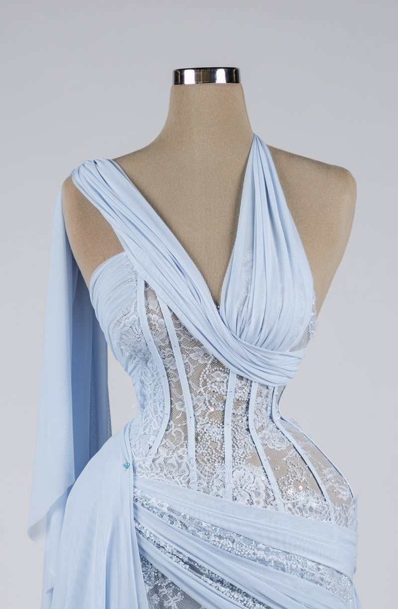 Sihëna Skyfall Lace Cascade — powder-blue halter sleeveless mermaid evening dress