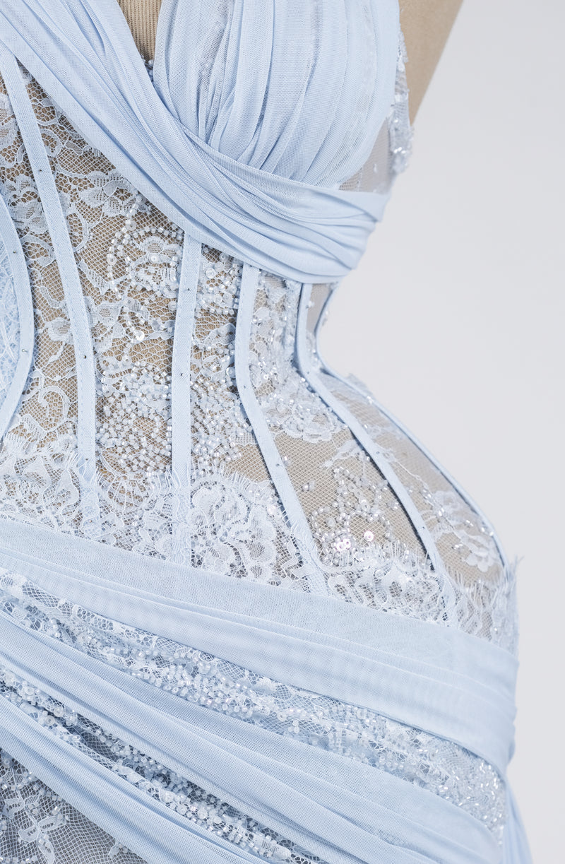 Sihëna Skyfall Lace Cascade — powder-blue halter sleeveless mermaid evening dress