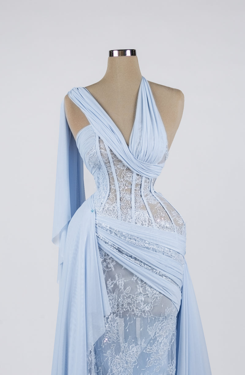 Sihëna Skyfall Lace Cascade — powder-blue halter sleeveless mermaid evening dress