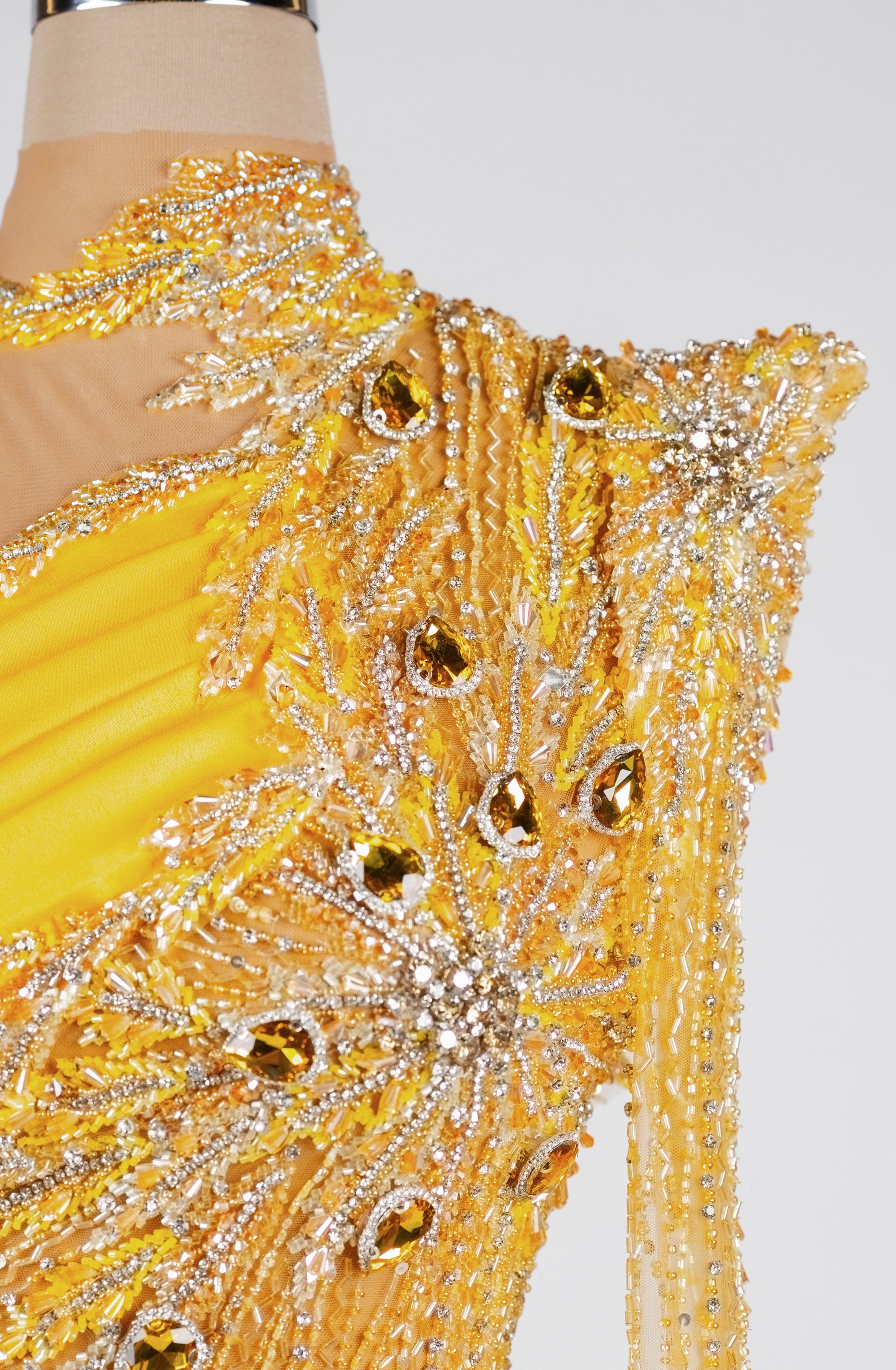 Sihëna Solar Flare Majesty — marigold high-neck long-sleeve column evening dress
