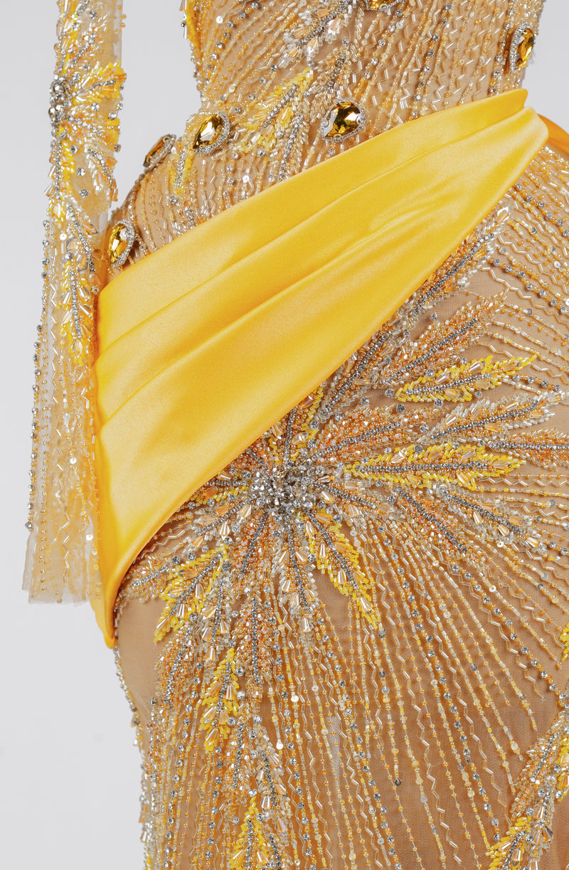 Sihëna Solar Flare Majesty — marigold high-neck long-sleeve column evening dress