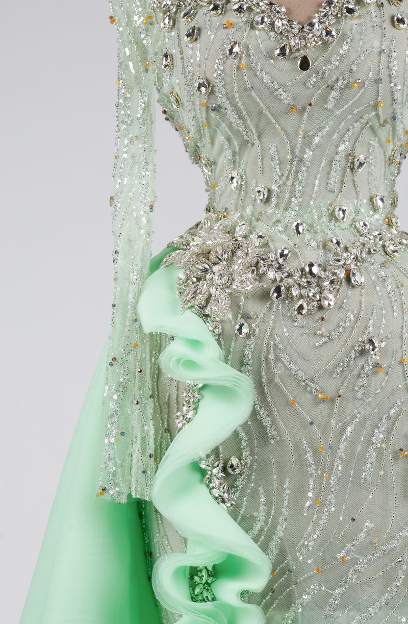 Sihëna Celadon Aurora Crest — mint high-neck long-sleeve column evening dress
