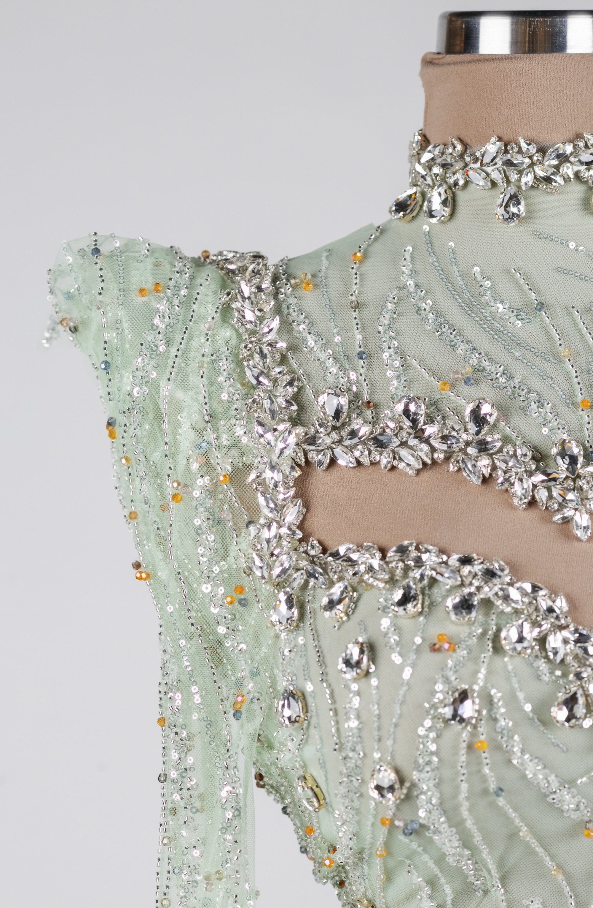 Sihëna Celadon Aurora Crest — mint high-neck long-sleeve column evening dress