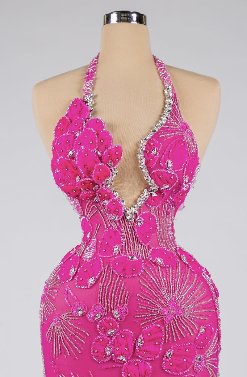 Sihëna Electric Fuchsia Bloom — fuchsia halter sleeveless column evening dress