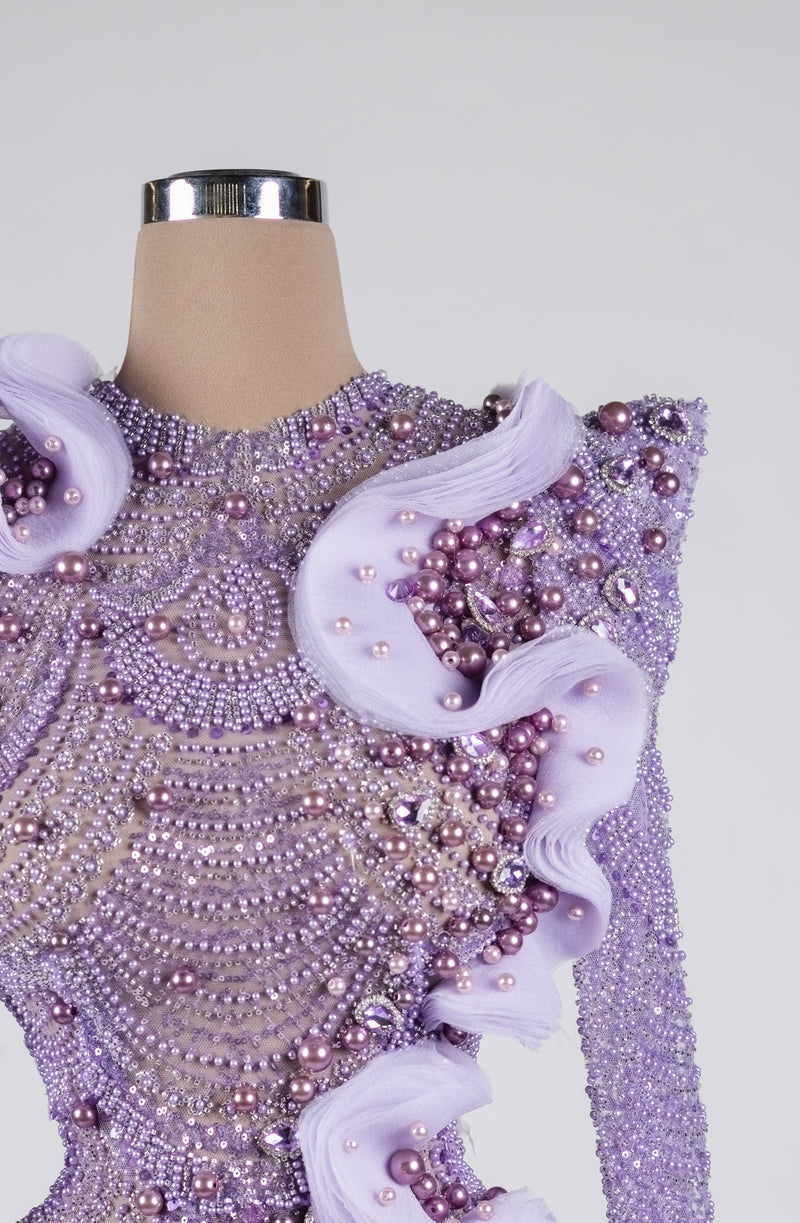 Sihëna Amethyst Tidal Halo — lilac high-neck long-sleeve column evening dress