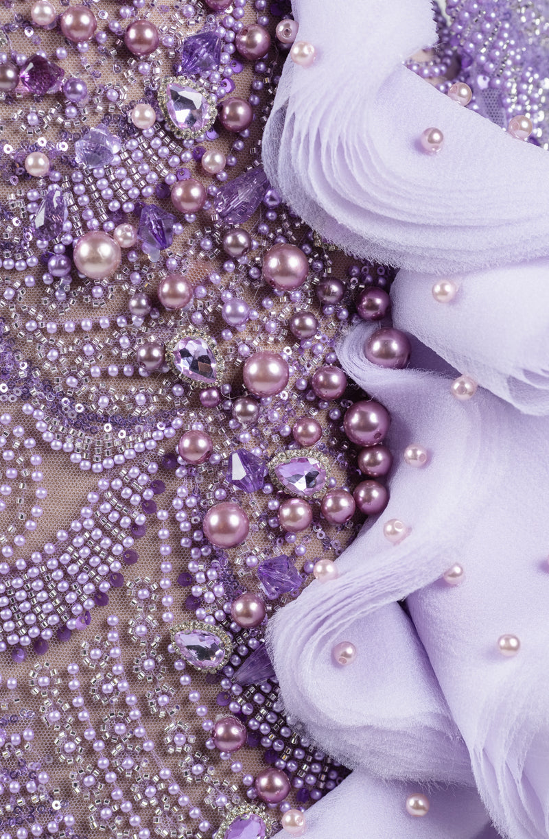 Sihëna Amethyst Tidal Halo — lilac high-neck long-sleeve column evening dress