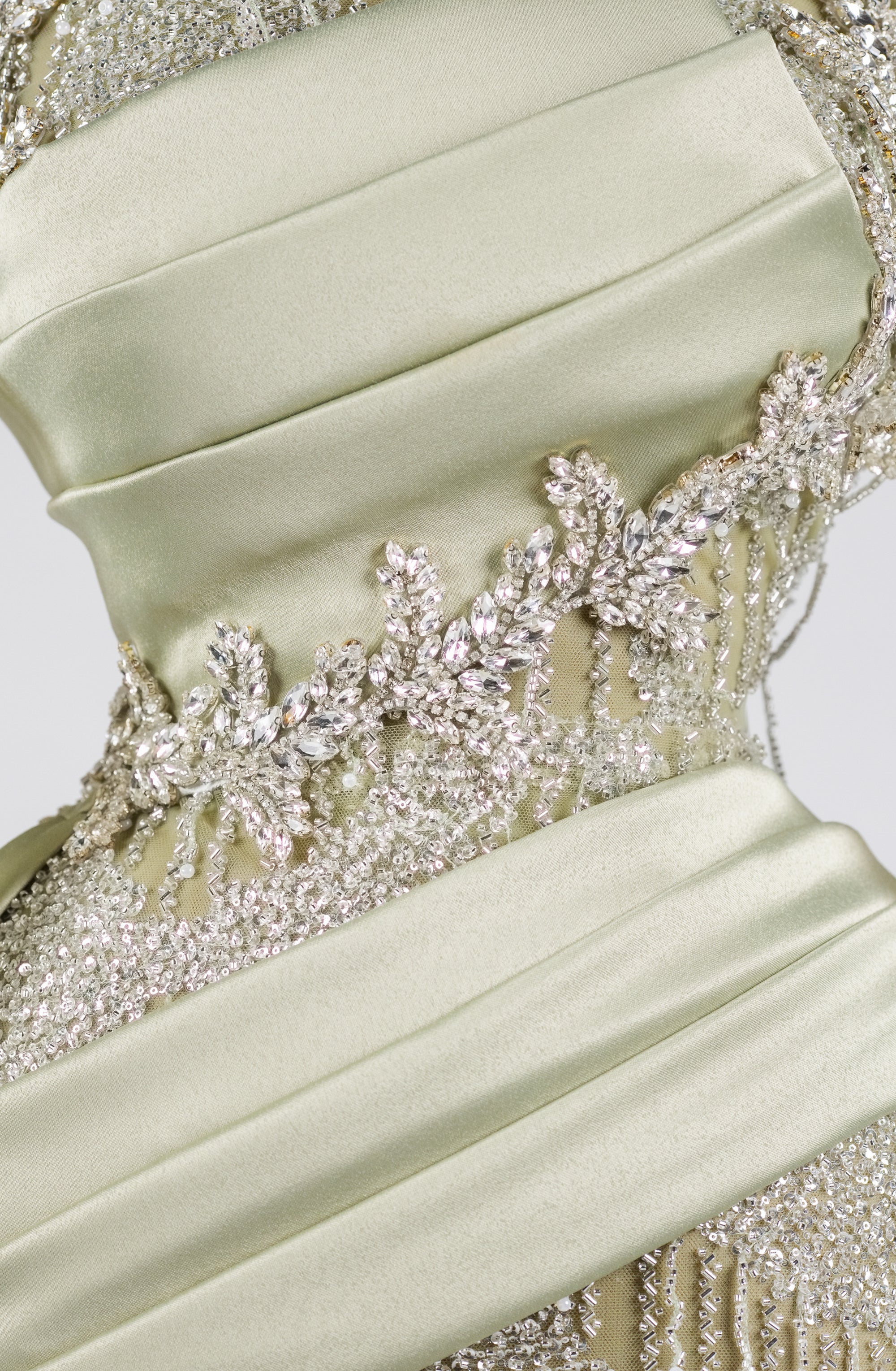 Sihëna Sage Lattice Reverie — sage-green high-neck long-sleeve column evening dress