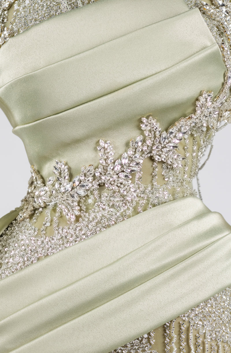 Sihëna Sage Lattice Reverie — sage-green high-neck long-sleeve column evening dress