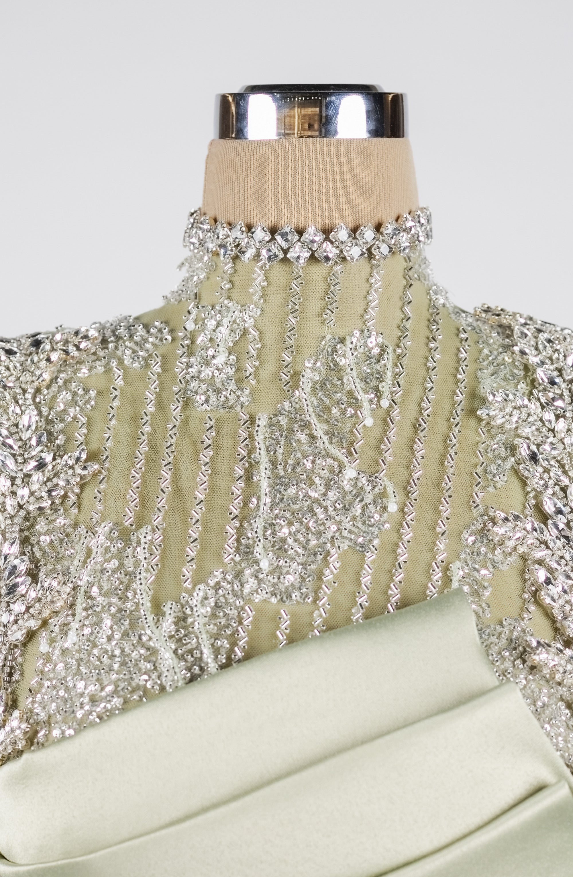 Sihëna Sage Lattice Reverie — sage-green high-neck long-sleeve column evening dress