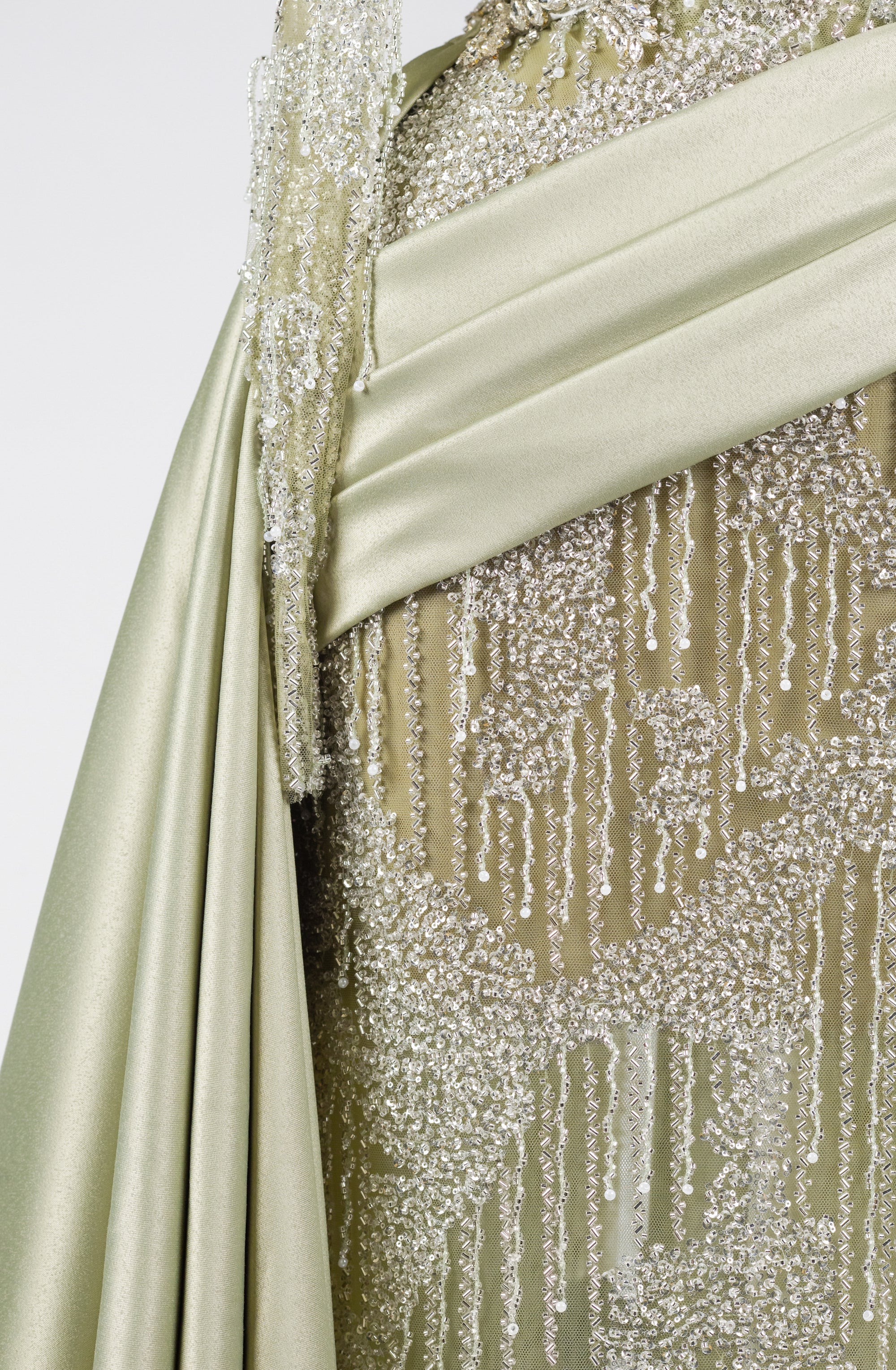 Sihëna Sage Lattice Reverie — sage-green high-neck long-sleeve column evening dress