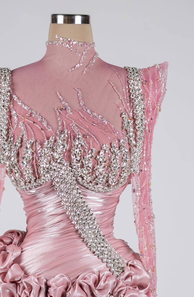 Sihëna Pink Radiance Rhapsody — pink high-neck long-sleeve column evening dress