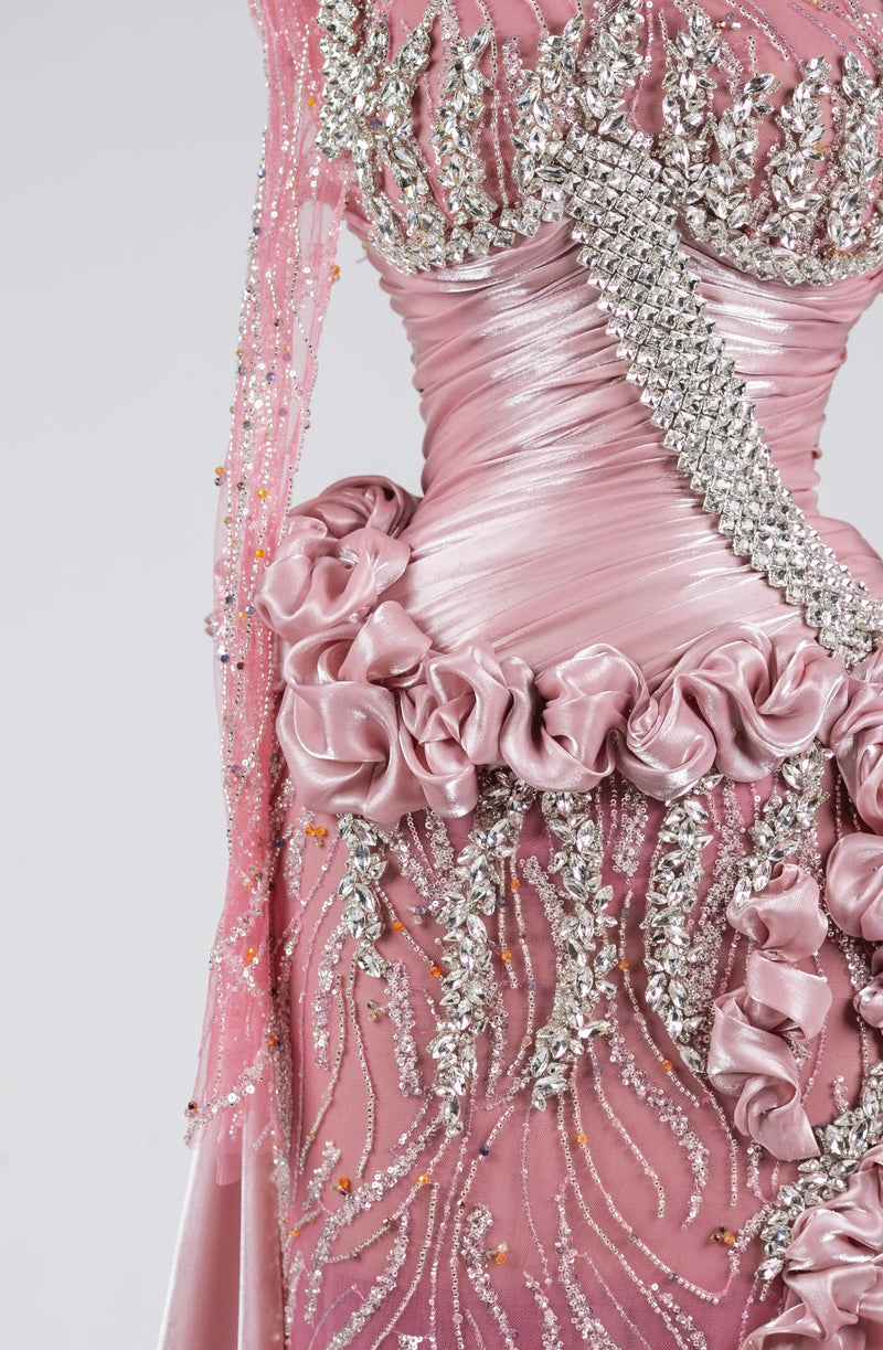 Sihëna Pink Radiance Rhapsody — pink high-neck long-sleeve column evening dress
