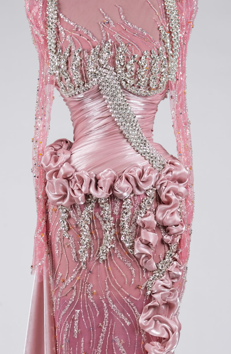 Sihëna Pink Radiance Rhapsody — pink high-neck long-sleeve column evening dress