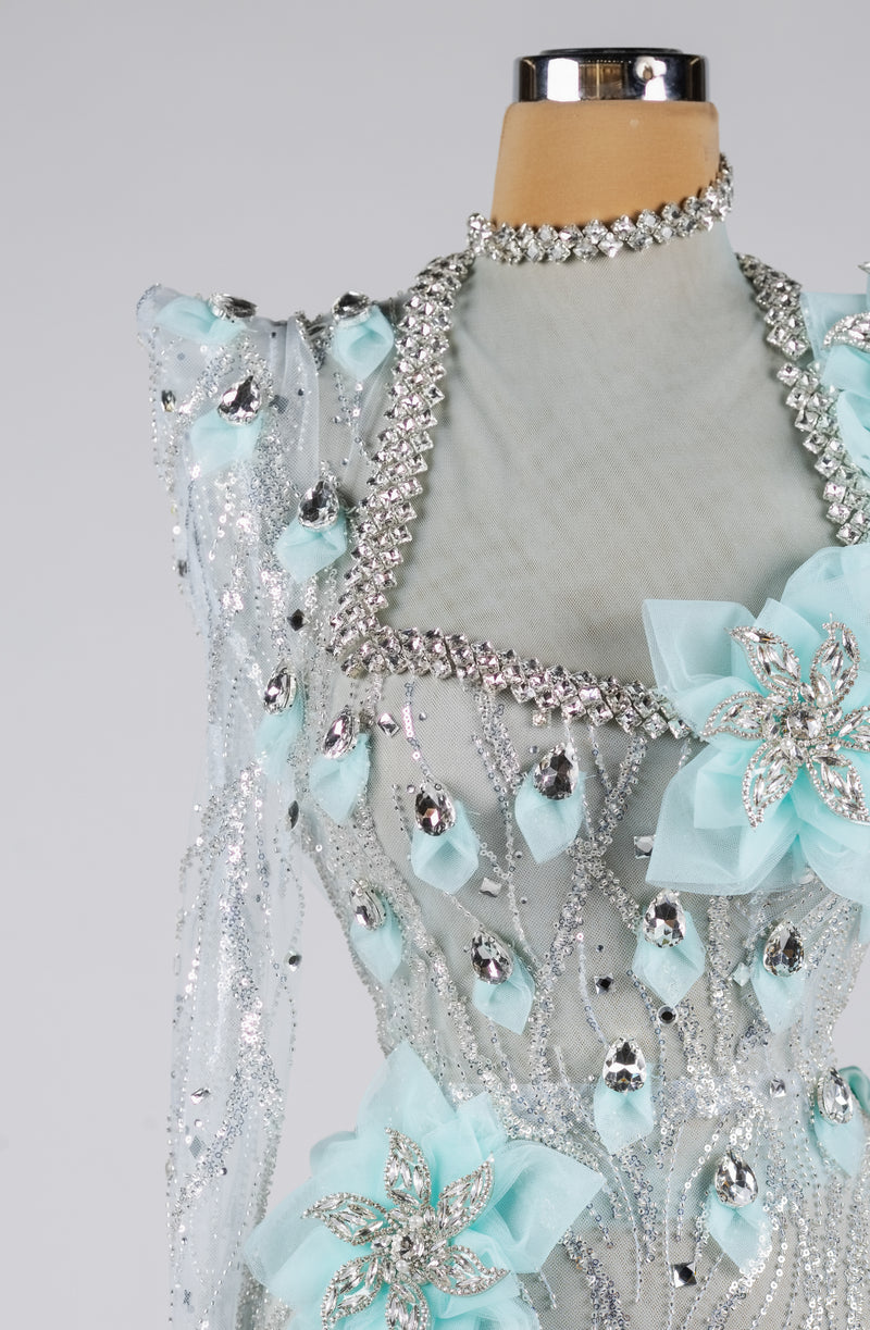 Sihëna Frosted Aurora Blossom — powder-blue high-neck long-sleeve column evening dress