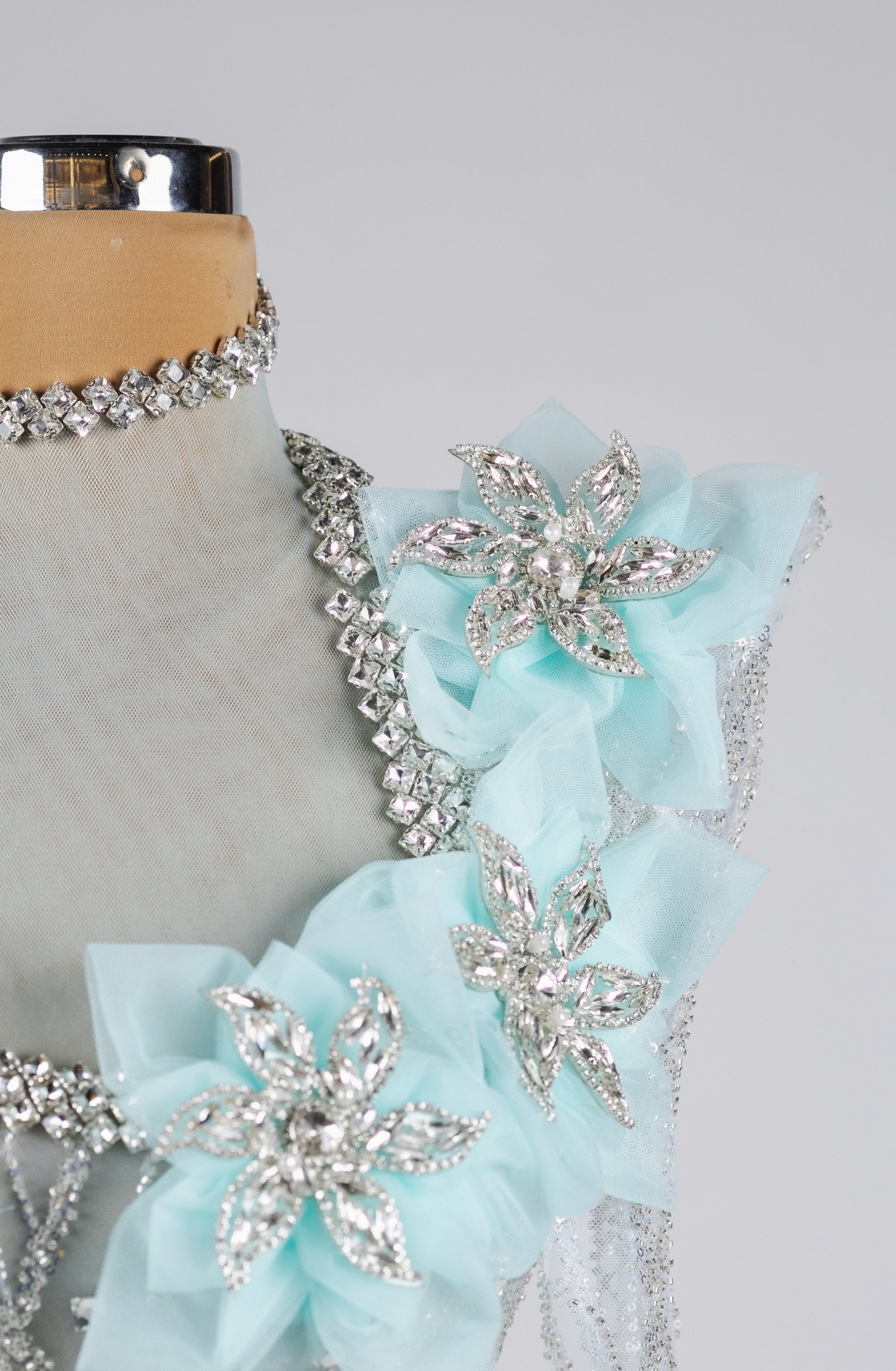 Sihëna Frosted Aurora Blossom — powder-blue high-neck long-sleeve column evening dress