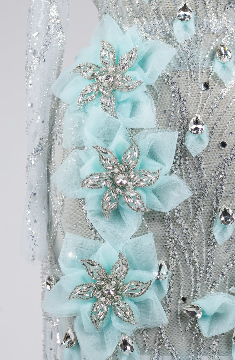 Sihëna Frosted Aurora Blossom — powder-blue high-neck long-sleeve column evening dress