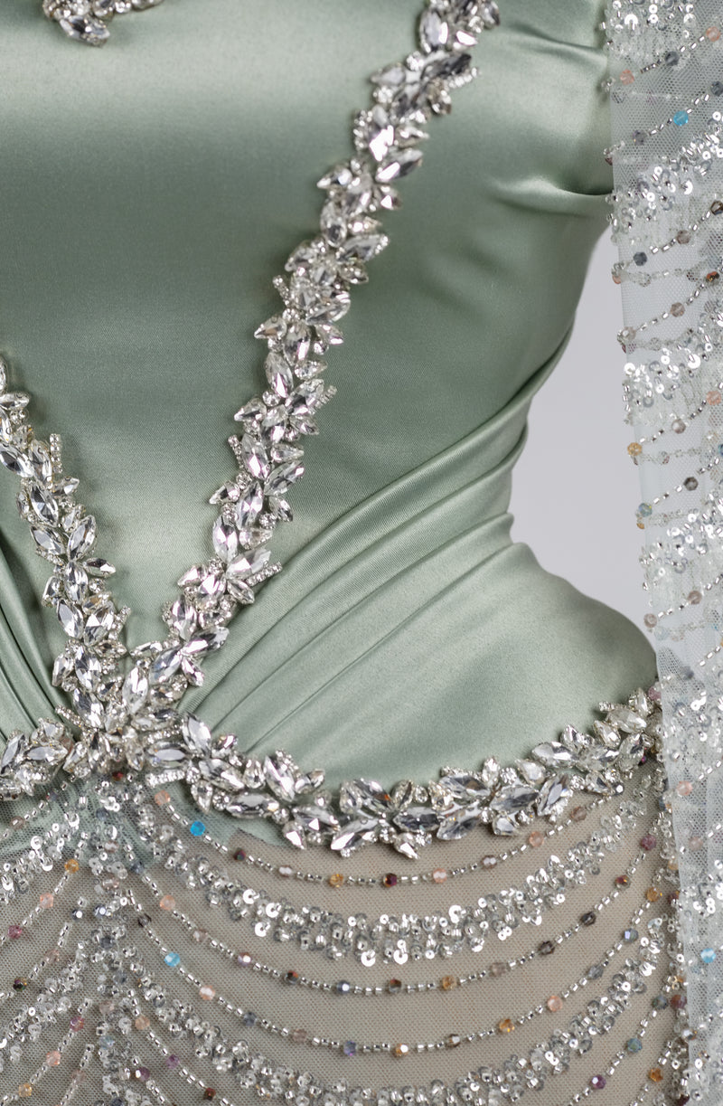 Sihëna Celestine Petal Crest — sage-green high-neck long-sleeve column evening dress