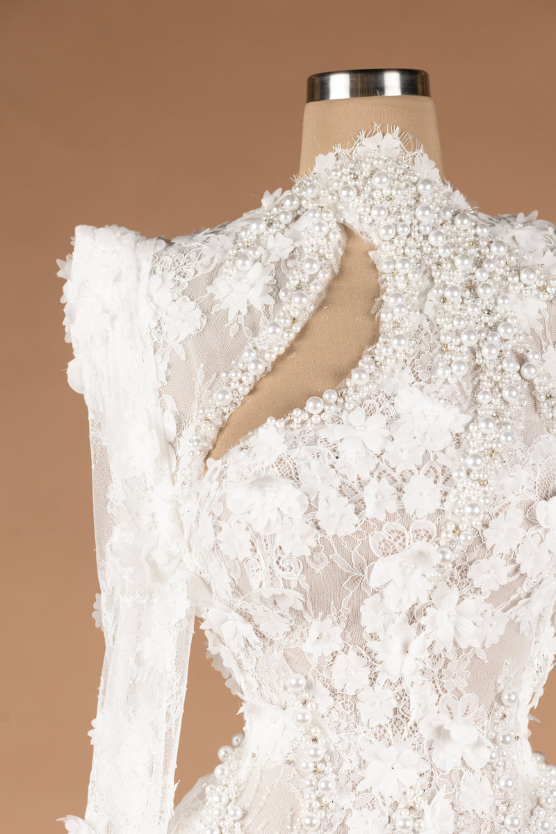 Sihëna Rosy Petal Tapestry — ivory high-neck long-sleeve column evening dress