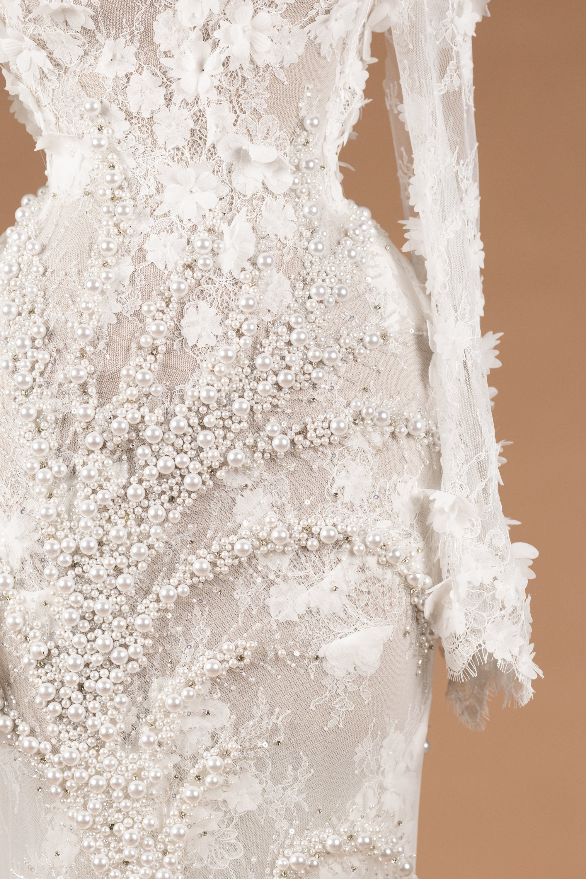 Sihëna Rosy Petal Tapestry — ivory high-neck long-sleeve column evening dress